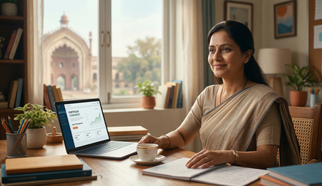 Confident Indian female teacher in Lucknow smiling while reviewing a growing investment portfolio on her laptop.