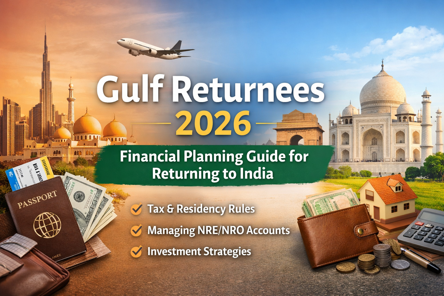 Here are SEO-optimized image details for your WordPress blog cover 👇 🖼️ Image Title (SEO Friendly) Gulf Return Financial Planning Guide India 2026 📝 Alt Text (Important for SEO & Accessibility) Gulf returnees 2026 financial planning guide showing transition from Middle East to India with tax rules, NRE NRO accounts and investment planning
