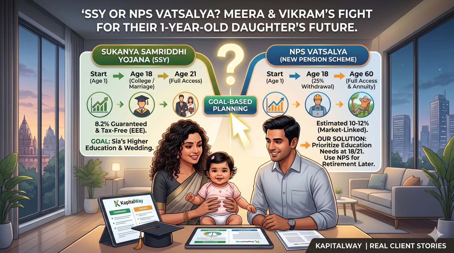 Indian parents with their baby girl comparing Sukanya Samriddhi Yojana (SSY) and NPS Vatsalya investment plans.
