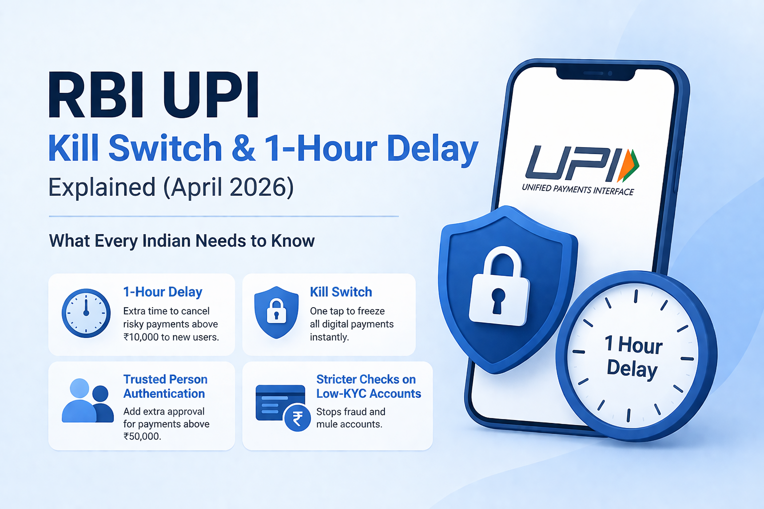 Illustration showing RBI UPI Kill Switch and 1-hour payment delay feature with mobile phone, security lock, and fraud protection elements in light blue theme