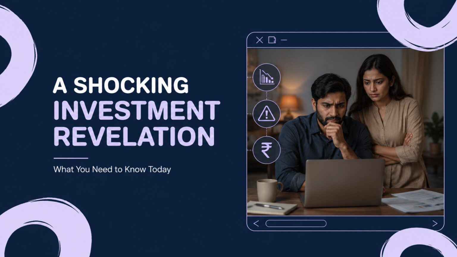 Couple looking worried at laptop screen with falling chart and rupee warning icons — KapitalWay real investor story