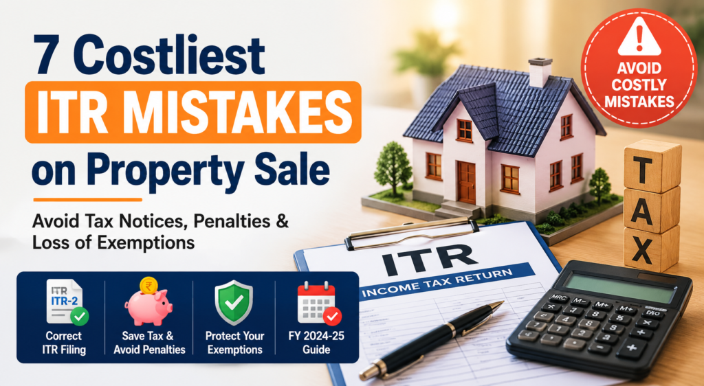 House model, ITR return form, calculator, and tax documents illustrating common ITR mistakes on property sale and capital gains tax filing in India.