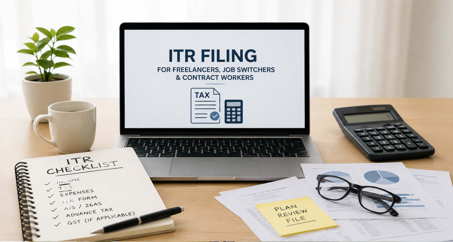 ITR filing guide for freelancers, job switchers, and contract workers explaining tax filing, ITR forms, TDS, GST, and advance tax in India.