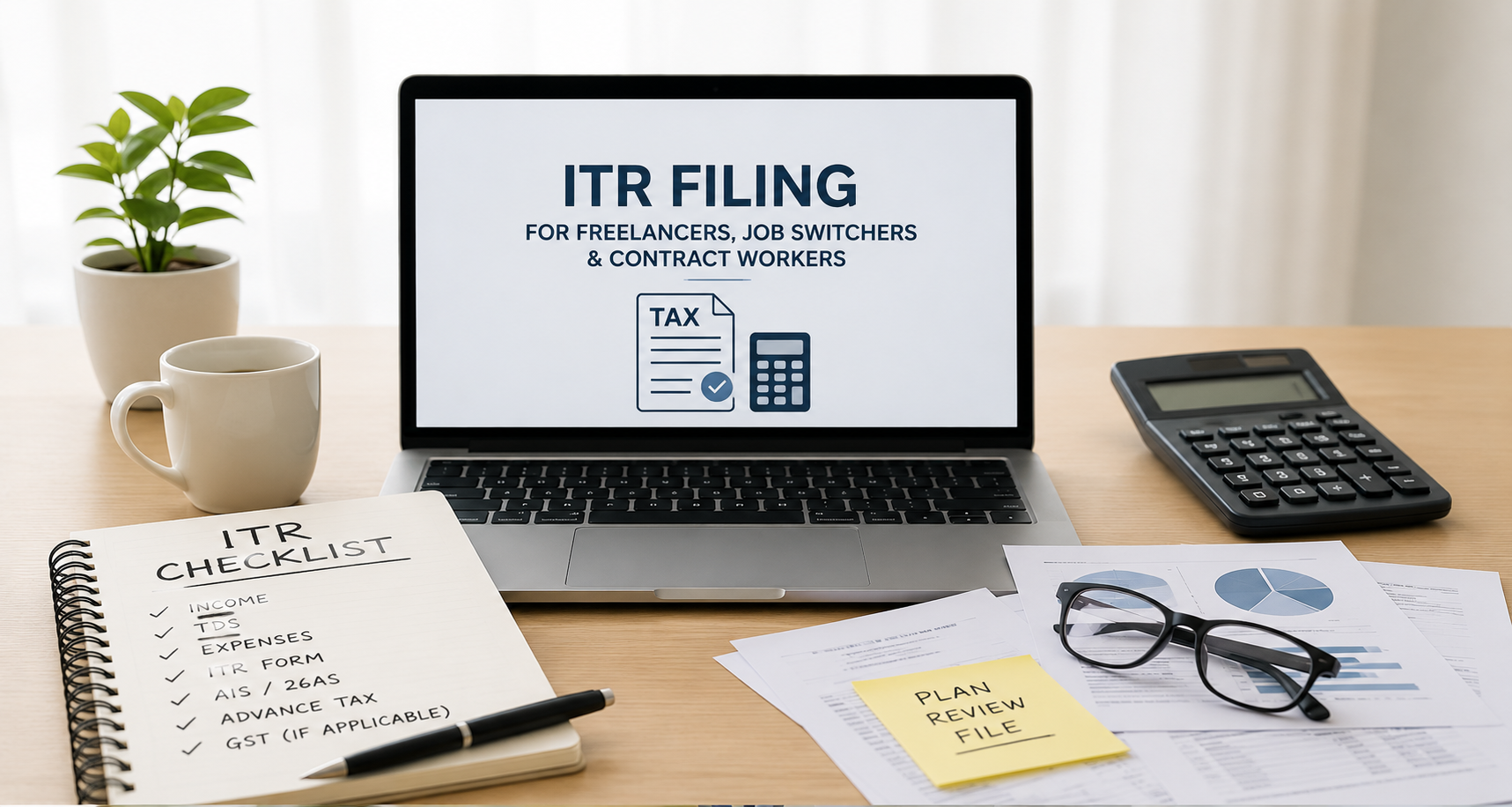 ITR filing guide for freelancers, job switchers, and contract workers explaining tax filing, ITR forms, TDS, GST, and advance tax in India.