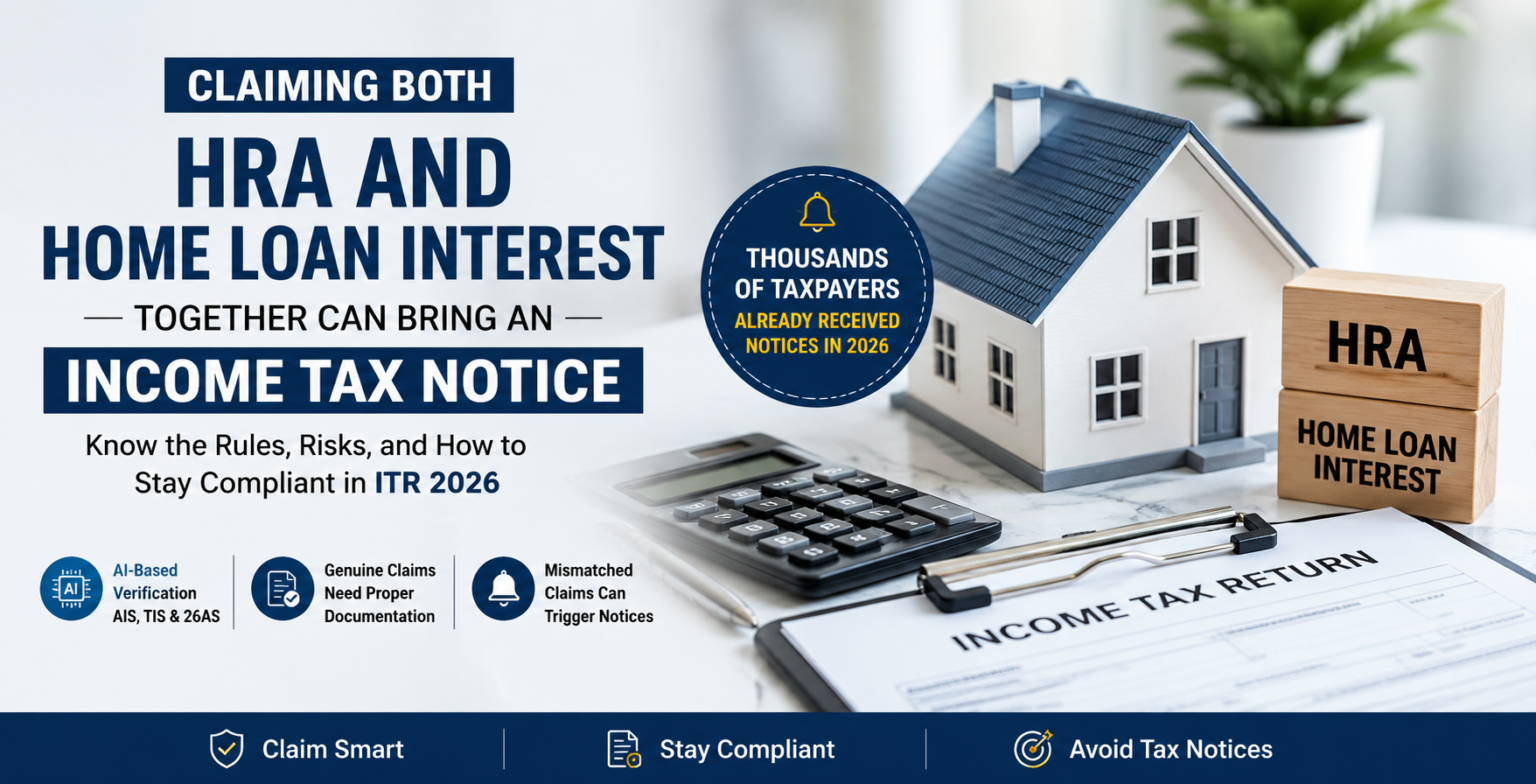 Illustration showing HRA, home loan interest, income tax return, calculator, and house explaining how claiming HRA and home loan together can trigger an Income Tax notice if filed incorrectly.